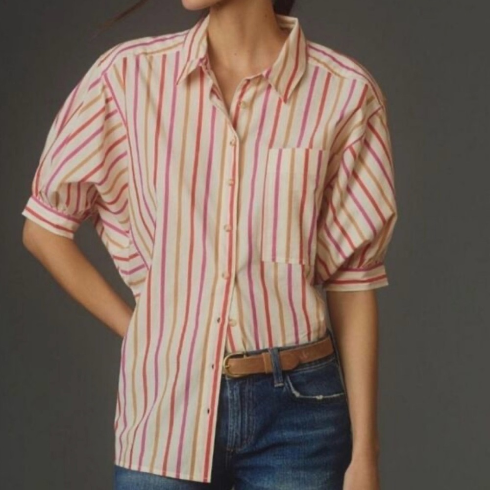 Anthropologie Pilcro Painter Button Down Shirt, red/pink/mustard stripes, Sz XXS